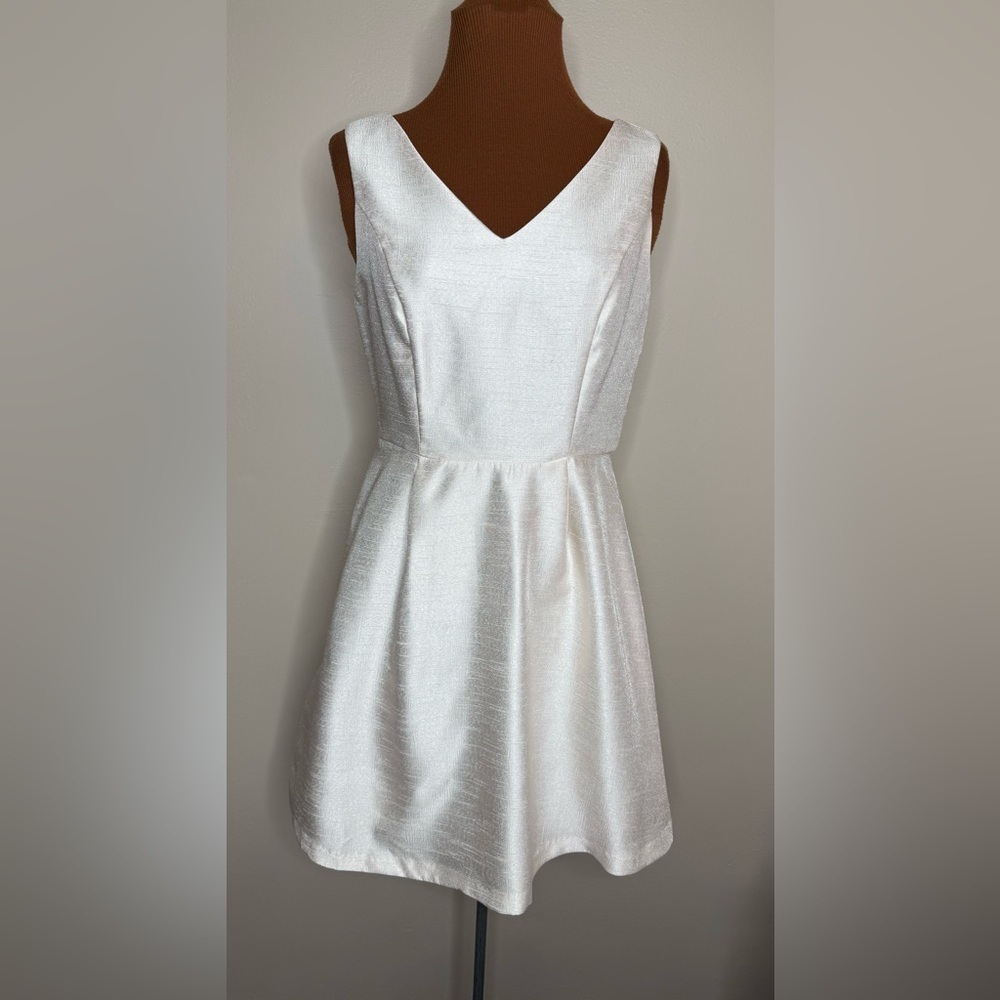 C Luce Pleated Metallic Fit and Flair Silhouette Cream Shimmery Dress Size Small
